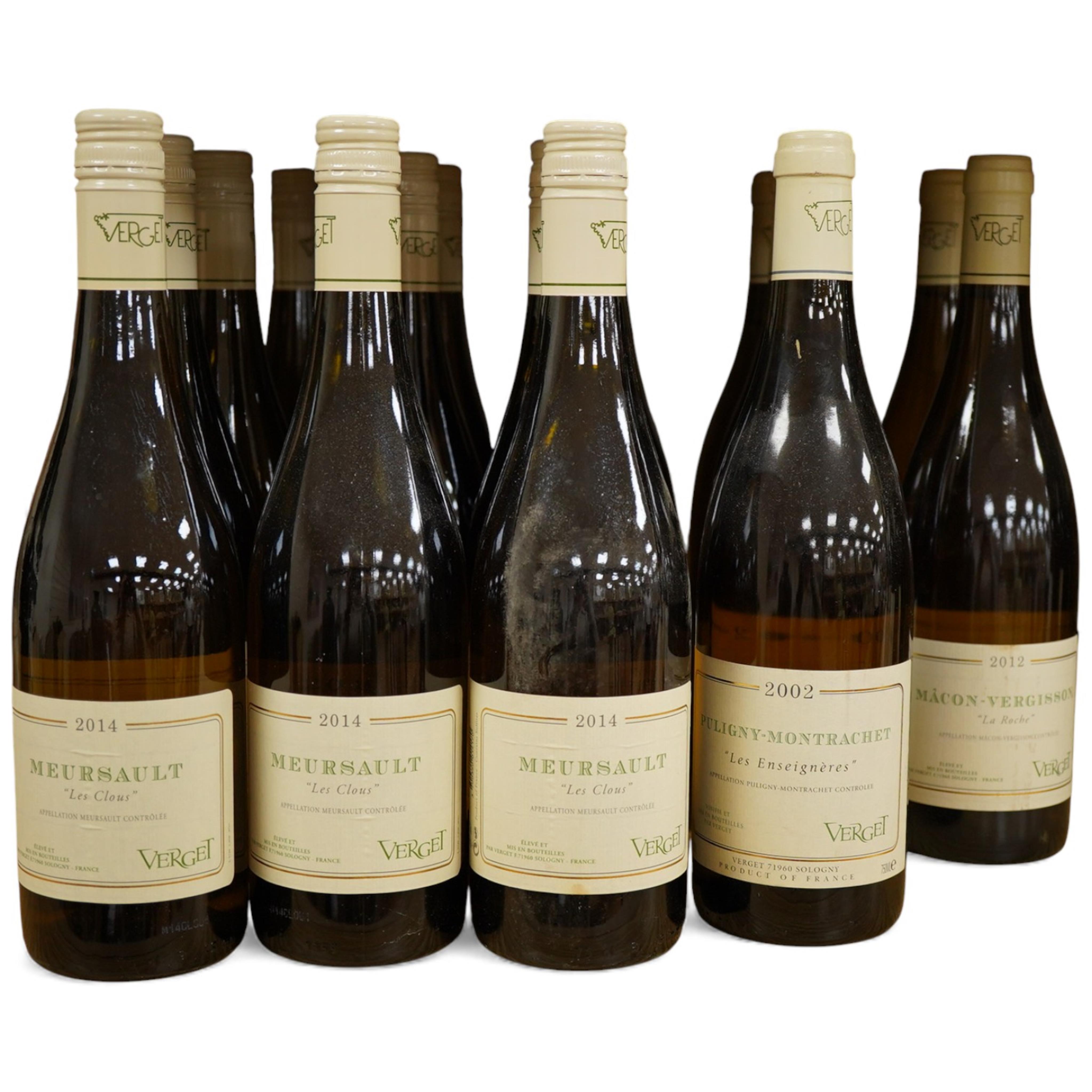 Verget Meursault Les Clous, 2014, twelve bottles, Macon-Vergisson La Roche, 2012, two bottles, Puligny-Montrachet Les Enseigneres, 2002, three bottles (17)